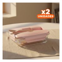 Pack2 Contenedor Portatil de Vidrio Incluye Cubiertos Rosado YPapel Regalo
