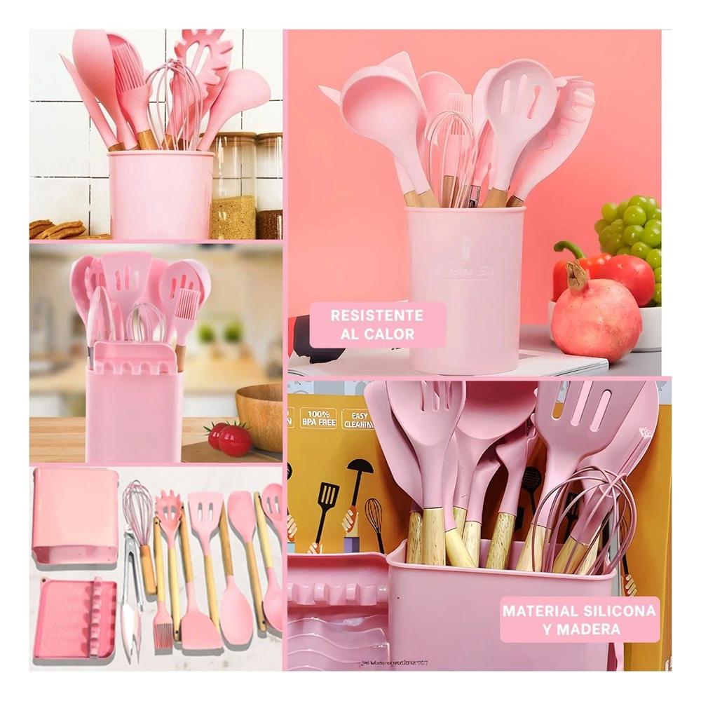 Cucharones de Cocina de Color Rosado Silicona Set de 11 con Posa Cucharon YLigas Regalo