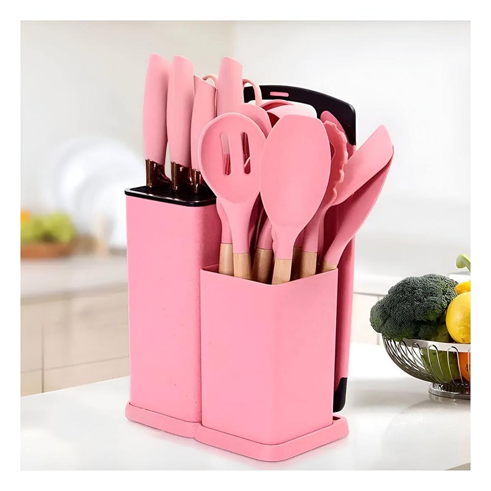 Set 18 Piezas en Acero Inoxidable para Cocina Acabado Rosado con Tabla YPapel Regalo