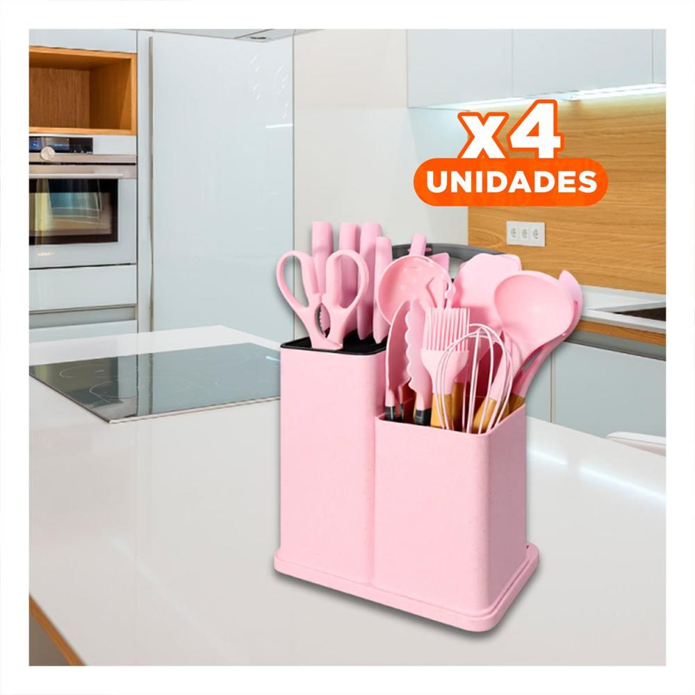 Pack4 Utensilios 18 Piezas en Rosado Adaptados a Cocina Profesional Inoxidable YPapel Regalo