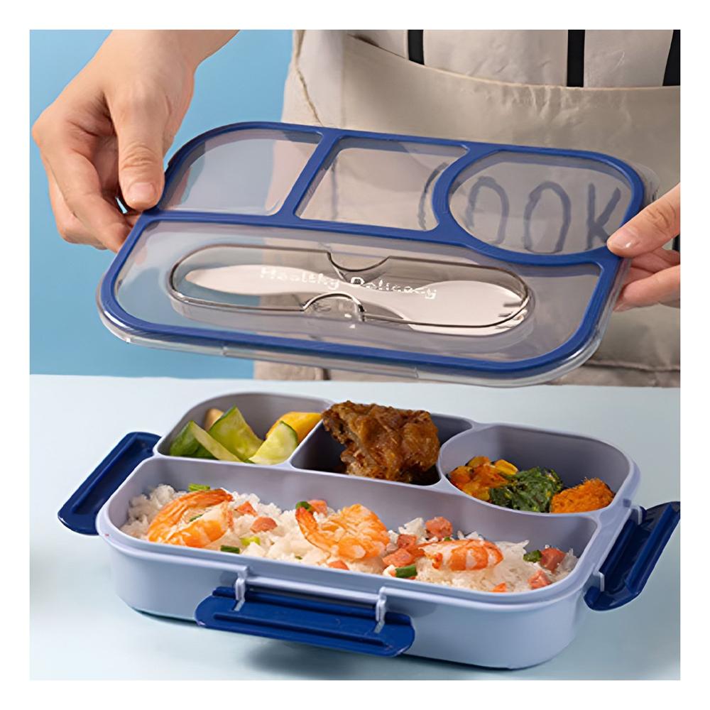 Caja Rectangular 4 Espacios con Tenedor 1100ml Azul Duradero Reforzado Y notas