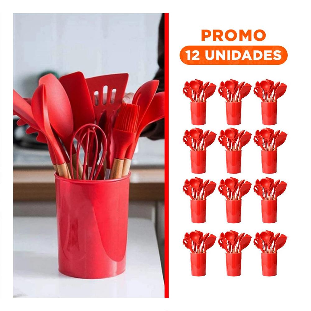 Pack12 Kit de Cocina en Silicona Color Rojo con 12 Piezas para Uso Diario