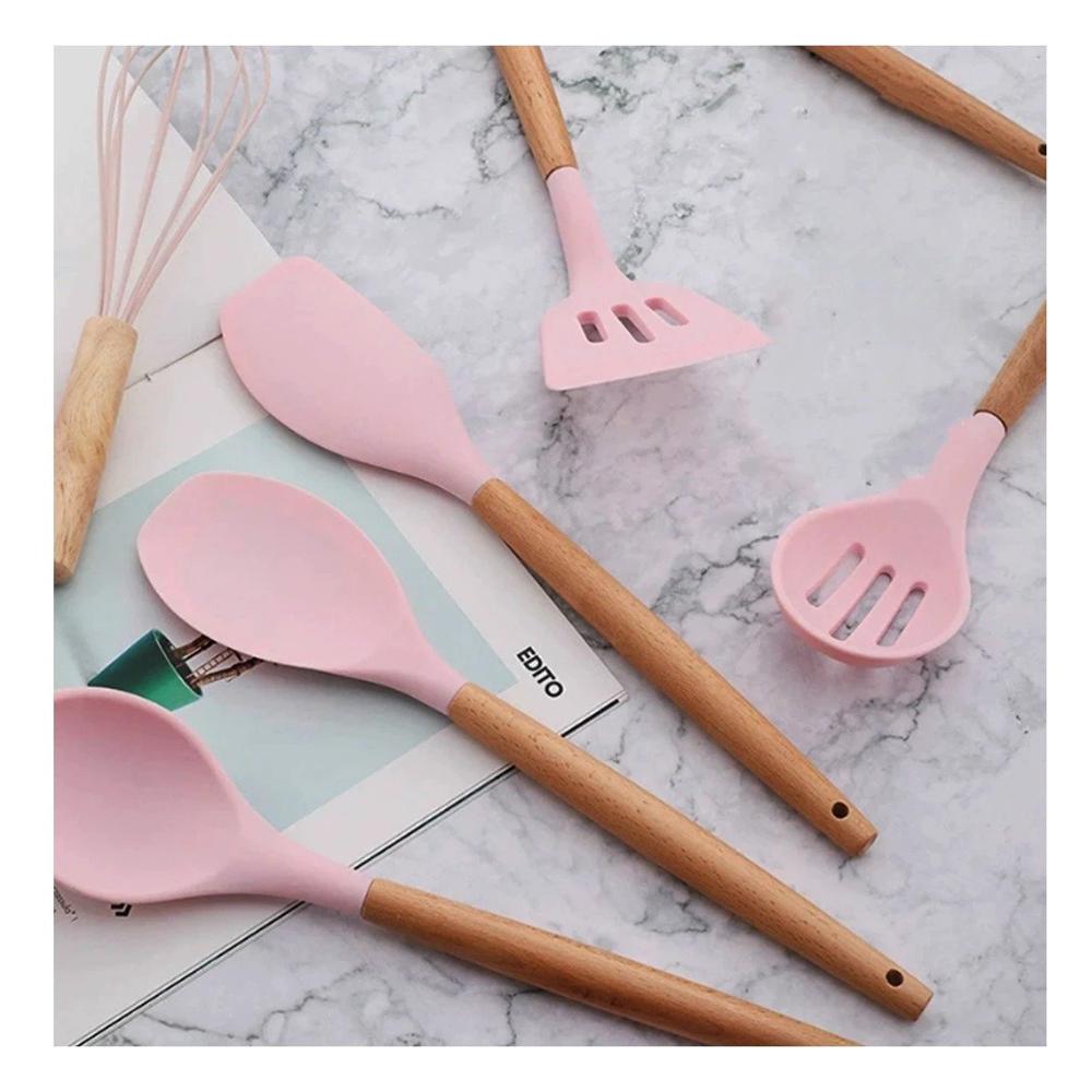 Set Completo de 12 Piezas en Silicona Color Rosado para Preparacion de Alimentos YPapel Regalo