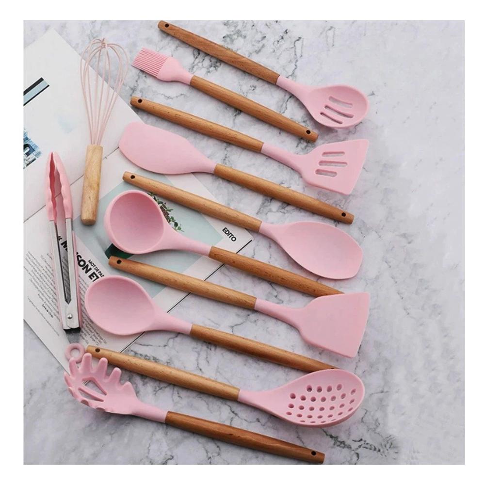 Set 12 Piezas de Utensilios en Silicona Color Rosado para Cocina Moderna y Funcional
