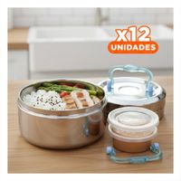 Pack12 Recipiente Termico de 1200ml Plateado y Celeste en Acero Resistente Y Regalo Sticker