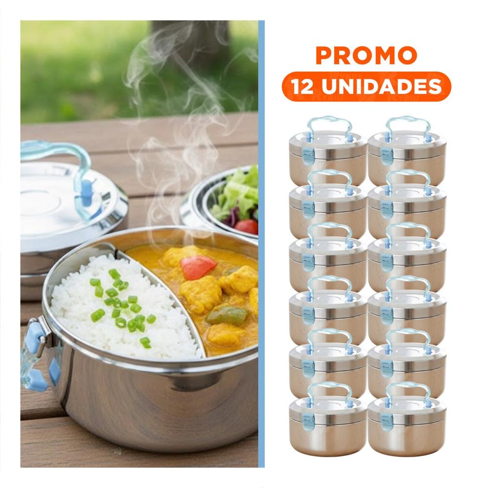 Pack12 Envase Plateado y Celeste 1200ml Circular Cuadrado con Interior de Acero