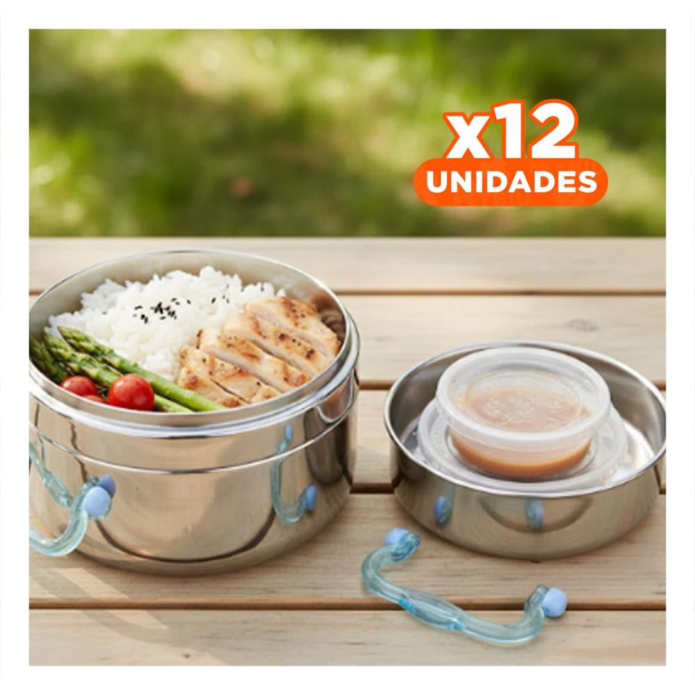 Pack12 Recipiente Termico de 1000ml Plateado y Celeste en Acero Resistente Y Regalo Sticker