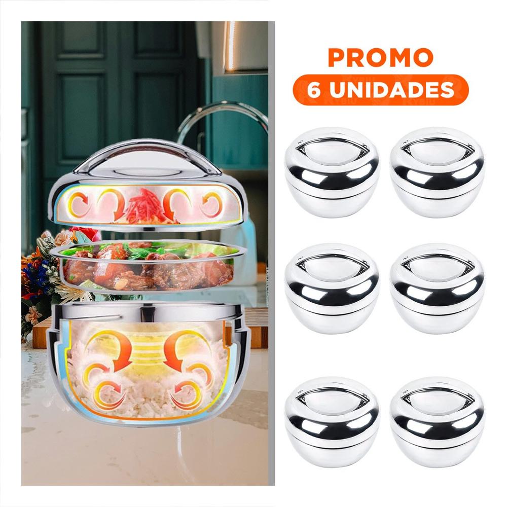 Pack6 Lonchera Termica Circular 1300ML de Acero Plateado Portatil para Oficina Y Regalo Sticker