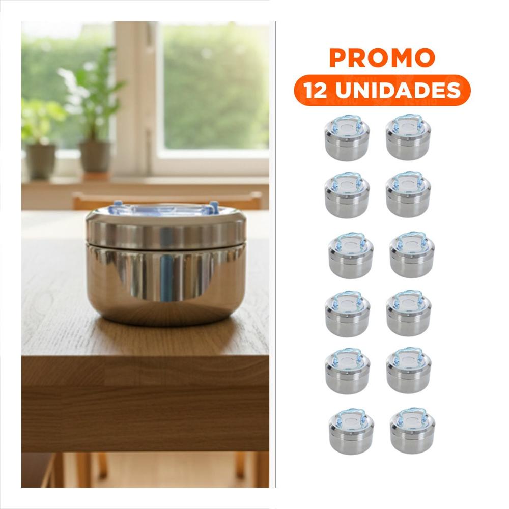 Pack12 Envase Plateado y Celeste 1000ml Circular Cuadrado con Interior de Acero