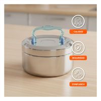 Taper Termico Circular Cuadrado de 1000ml Plateado y Celeste en Acero con Tapa Hermetica Segura