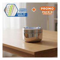 Pack6 Recipiente en Acero Plateado y Celeste 800ml con Forma Circular Cuadrado Y Papel Regalo