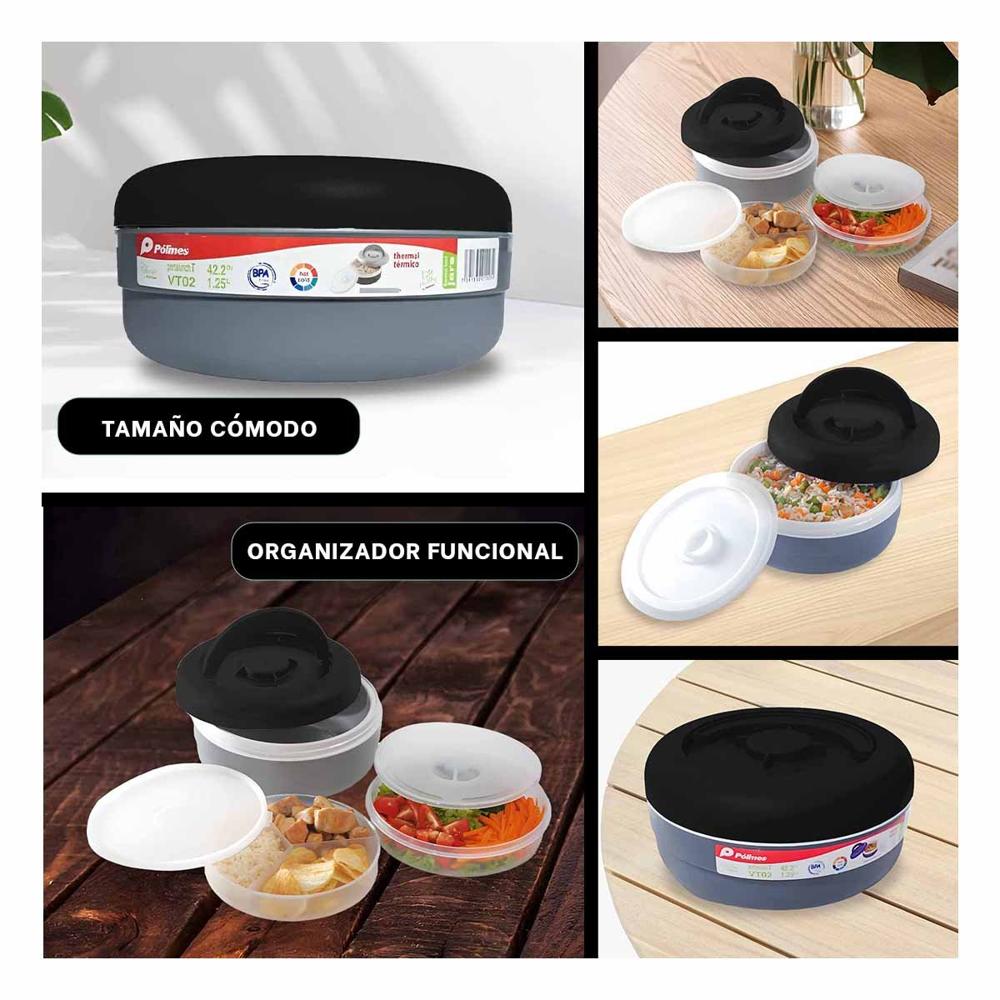 Lonchera Termica Circular 1.25L Negro y Plomo Comoda de Transportar YLigas Regalo