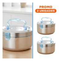 Pack2 Contenedor de 1200ml Circular Cuadrado en Acero Plateado y Celeste Y Regalo Sticker