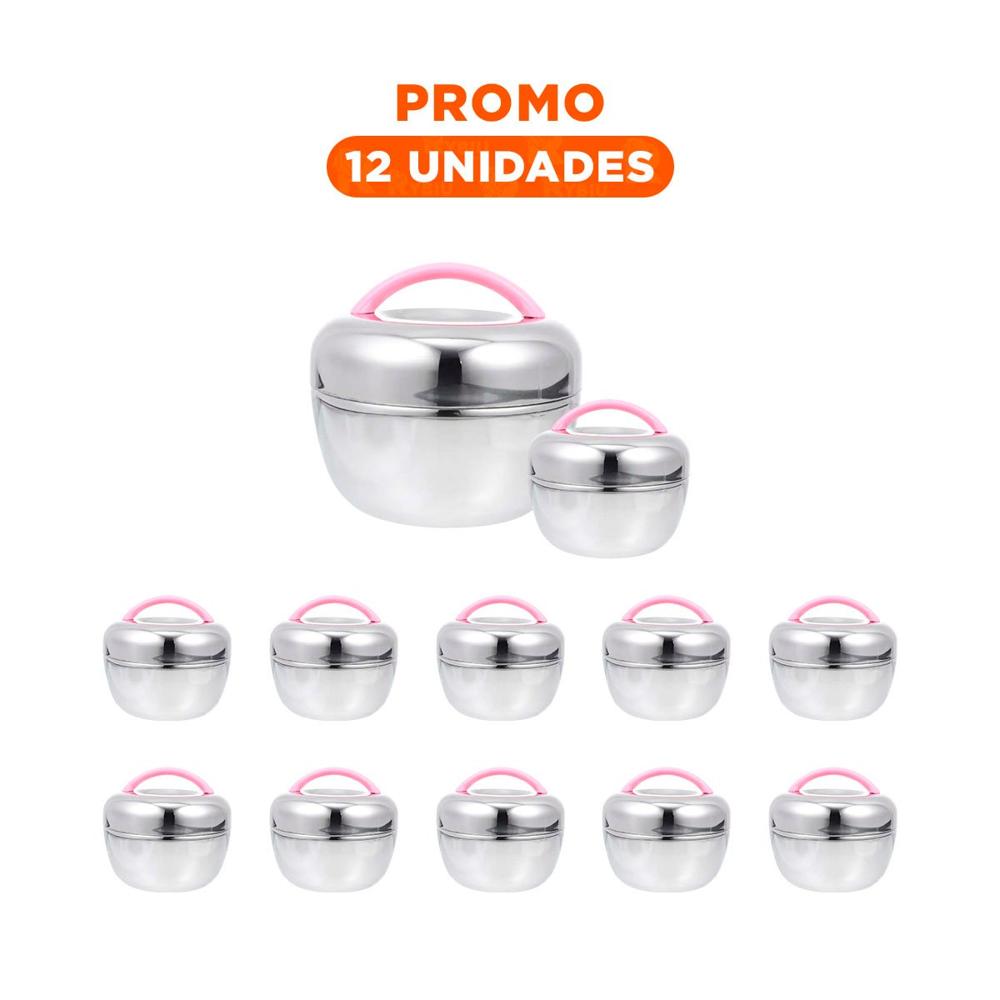 Pack12 Bote Termo Rosa y Plateado 1L Circular Elegante y Moderno para Guardar Comidas
