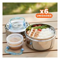 Pack6 Recipiente Termico Circular Cuadrado de 1200ml Plateado y Celeste en Acero