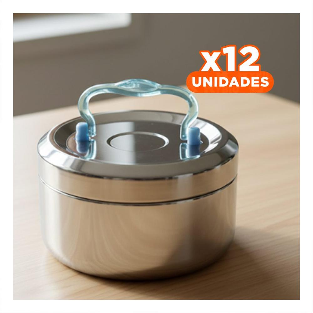Pack12 Envase Plateado y Celeste 800ml Circular Cuadrado con Interior de Acero Y Regalo Sticker