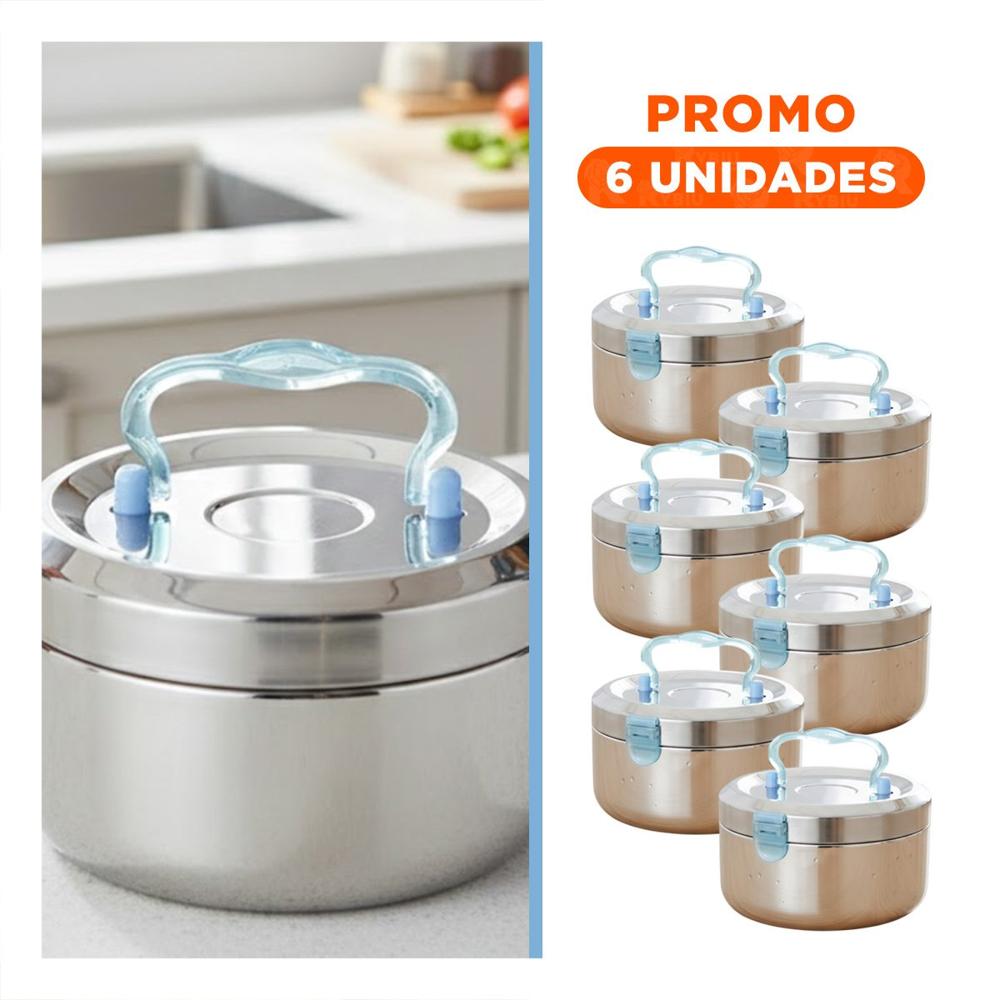 Pack6 Recipiente Circular Plateado y Celeste de 1200ml para Transporte Y Regalo Sticker
