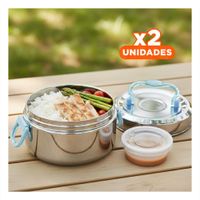 Pack2 Contenedor Plateado y Celeste 1200ml Circular Cuadrado con Cierre Seguro Y Papel Regalo