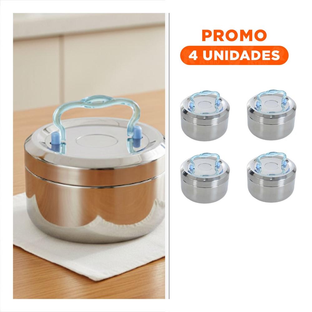 Pack4 Contenedor Termico Circular Cuadrado Plateado y Celeste con Interior de 1000ml