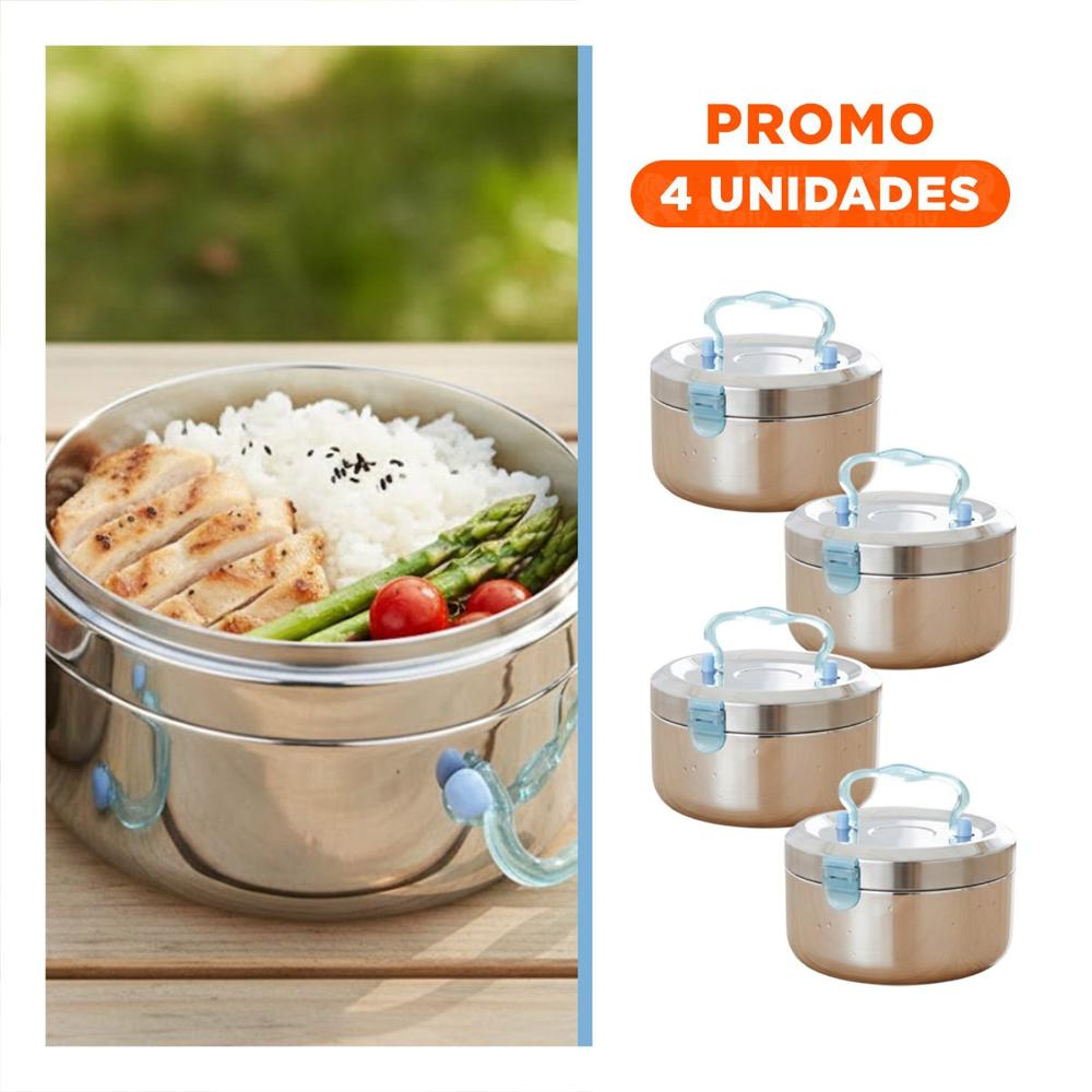 Pack4 Contenedor Termico Circular Cuadrado Plateado y Celeste con Interior de 1200ml