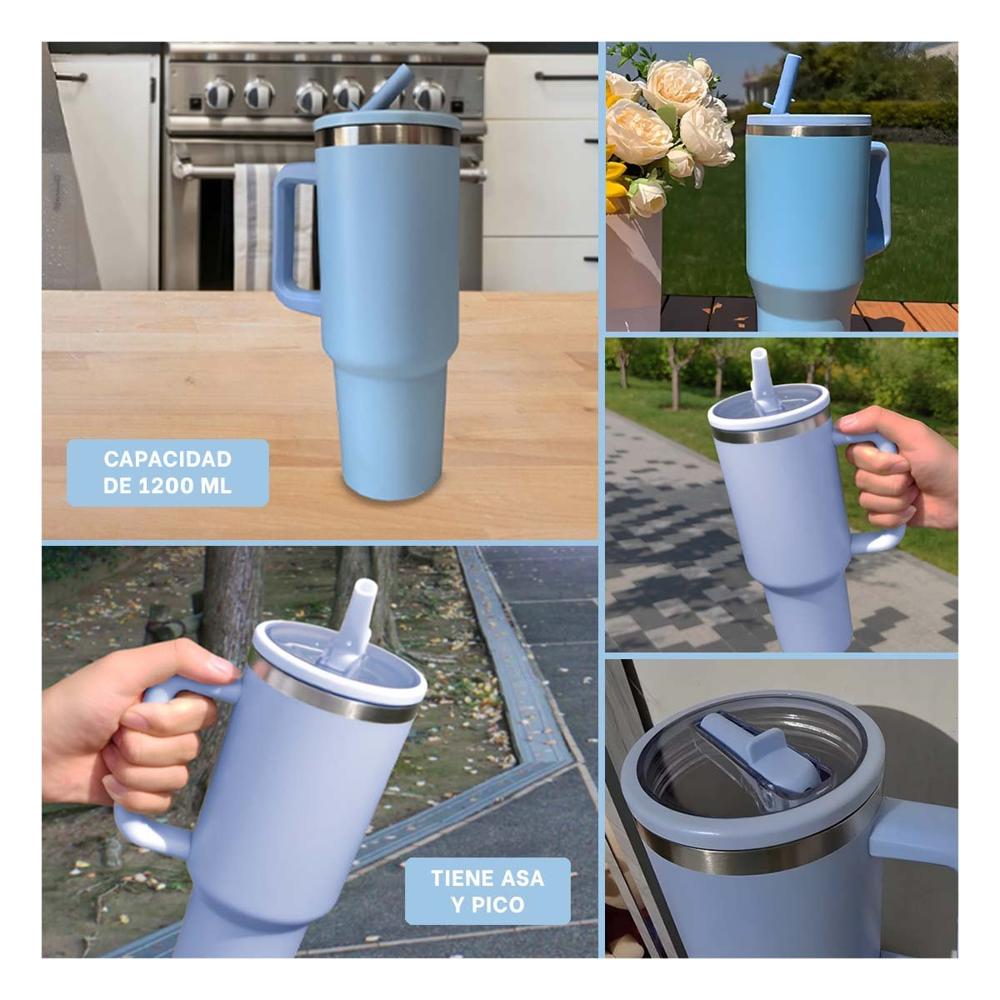Termo en Color Celeste con Asa Ergonomica y Pico 1200ML de ABS y Acero YLigas Regalo
