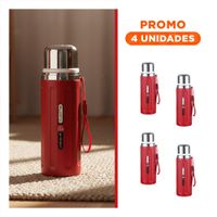 Pack4 Envase 800ml Rojo Doble Capa que Conserva Temperatura por Horas