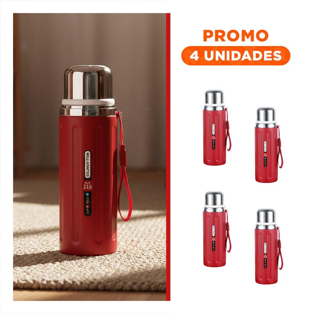 Pack4 Envase 800ml Rojo Doble Capa que Conserva Temperatura por Horas