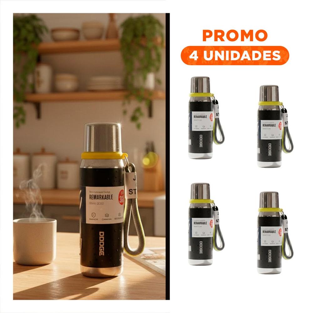 Pack4 Recipiente Térmico Negro 500ml con Tapa Segura para Bebidas Calientes
