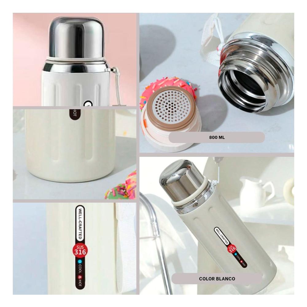Termo 800ml Blanco Doble Capa que Mantiene Temperatura por Horas YLigas Regalo