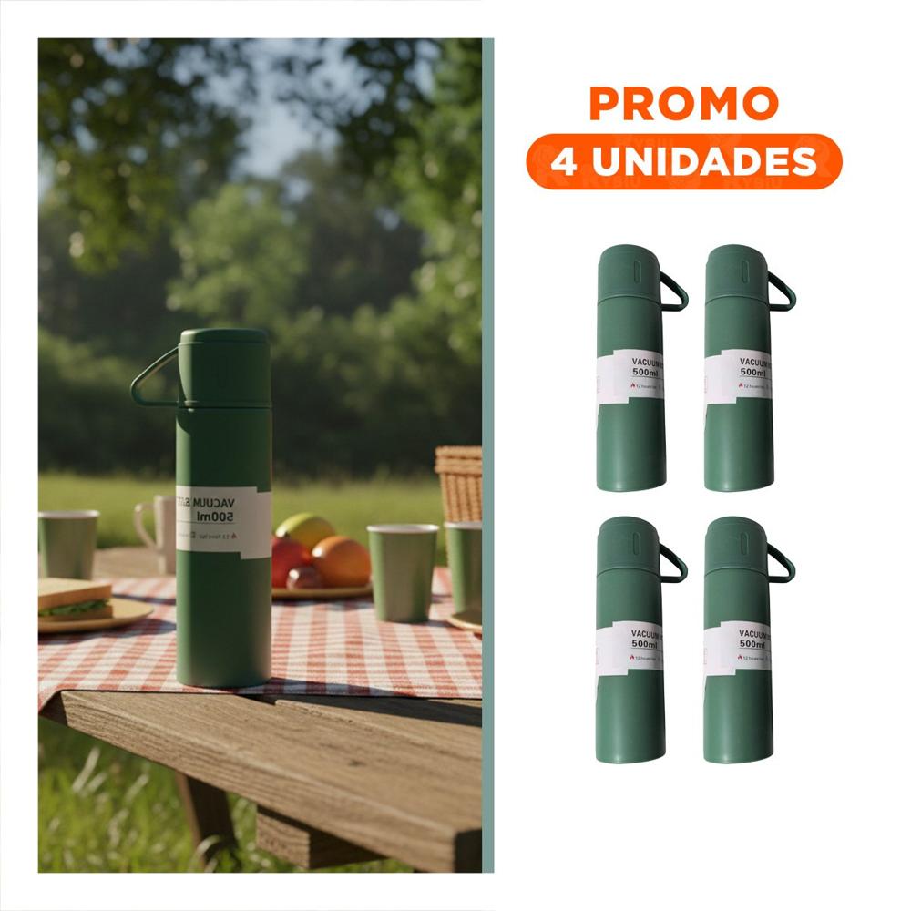 Pack4 Botella Termica Verde con 2 Tazas para Uso Diario en Casa
