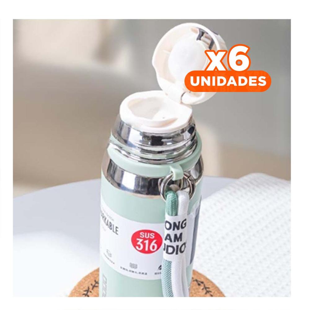 Pack6 Frasco Verde Agua 800ml con Tapa Hermética para Transporte de Bebidas