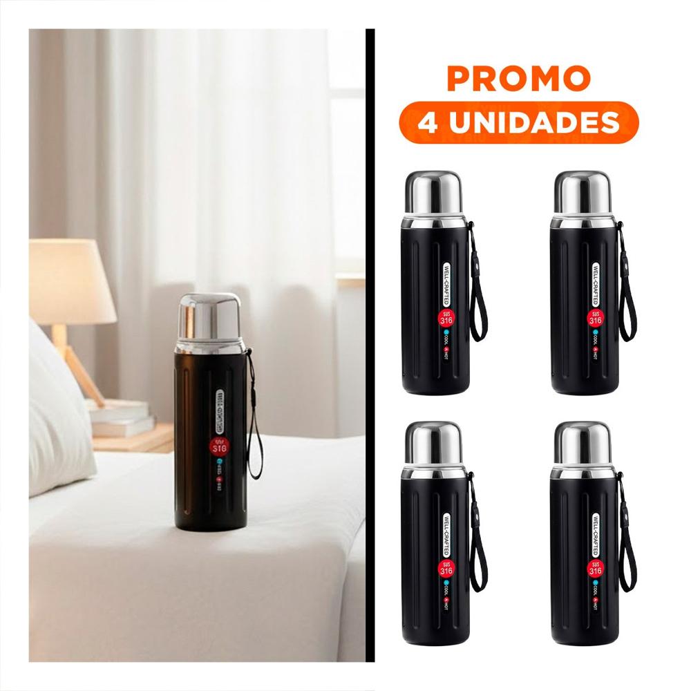 Pack4 Envase 800ml Negro Doble Capa que Conserva Temperatura por Horas