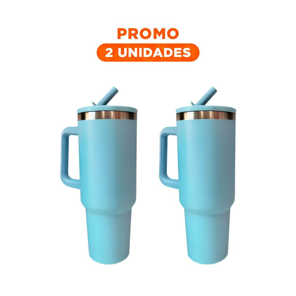 Pack2 Taza Termica en Color Celeste de ABS y Acero con Asa y Pico 1200ML YRegalo Sticker