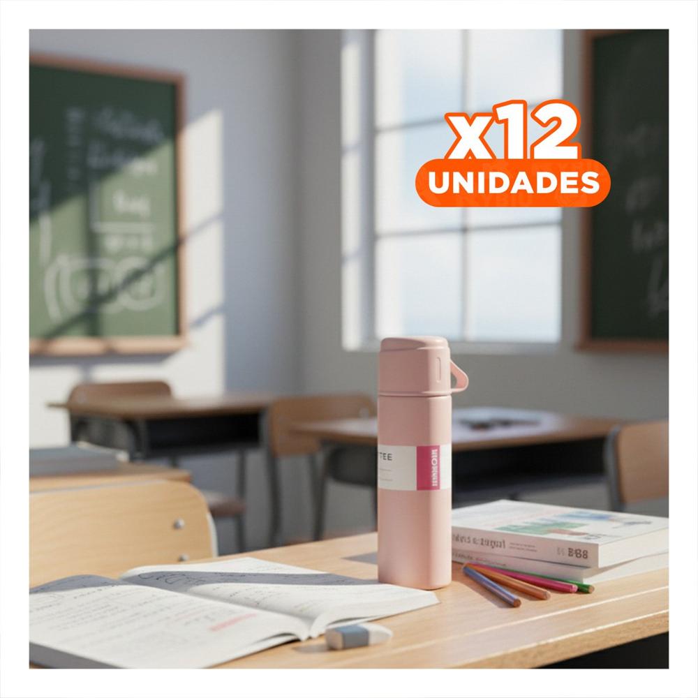 Pack12 Botella termica compacto con 2 tasas rosado moderno para viaje YRegalo Sticker