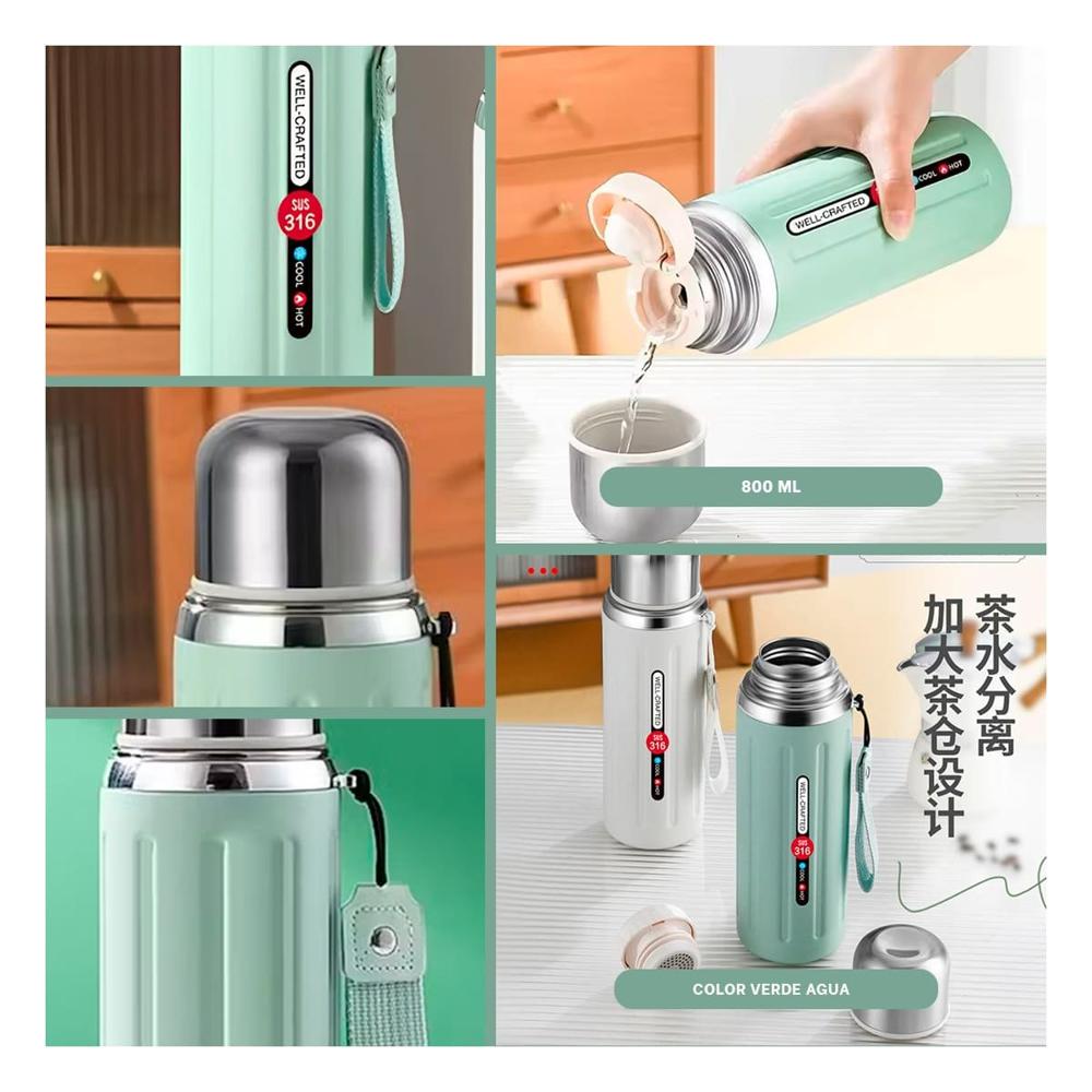 Termo 800ml Verde Agua Doble Capa que Mantiene Temperatura por Horas YLigas Regalo