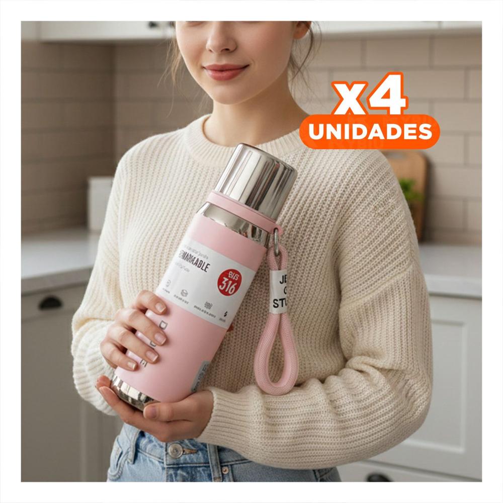 Pack4 Recipiente Térmico Rosado 500ml para Transporte Fácil de Café Té y Bebidas YPapel Regalo