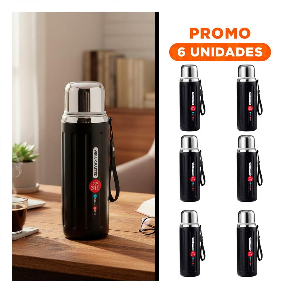 Pack6 Contenedor 800ml Negro Doble Pared que Conserva Temperatura por Horas YRegalo Sticker