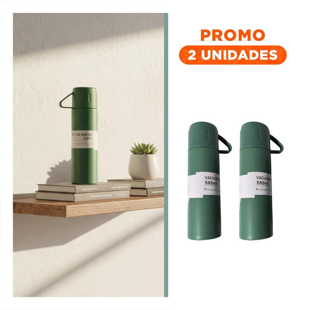 Pack2 Termo Portatil con 2 Tazas Verde para Hogar y Oficina YRegalo Sticker