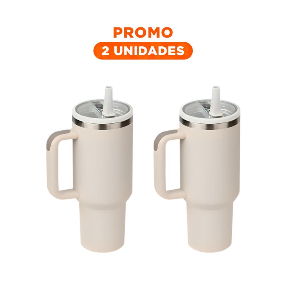 Pack2 Taza Termica en Color Crema de ABS y Acero con Asa y Pico 1200ML YRegalo Sticker