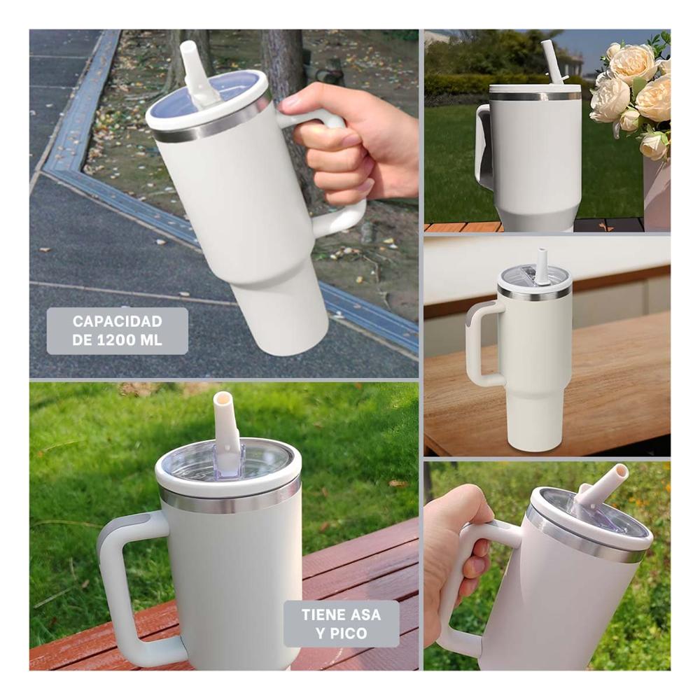 Termo en Color Crema con Asa Ergonomica y Pico 1200ML de ABS y Acero YLigas Regalo