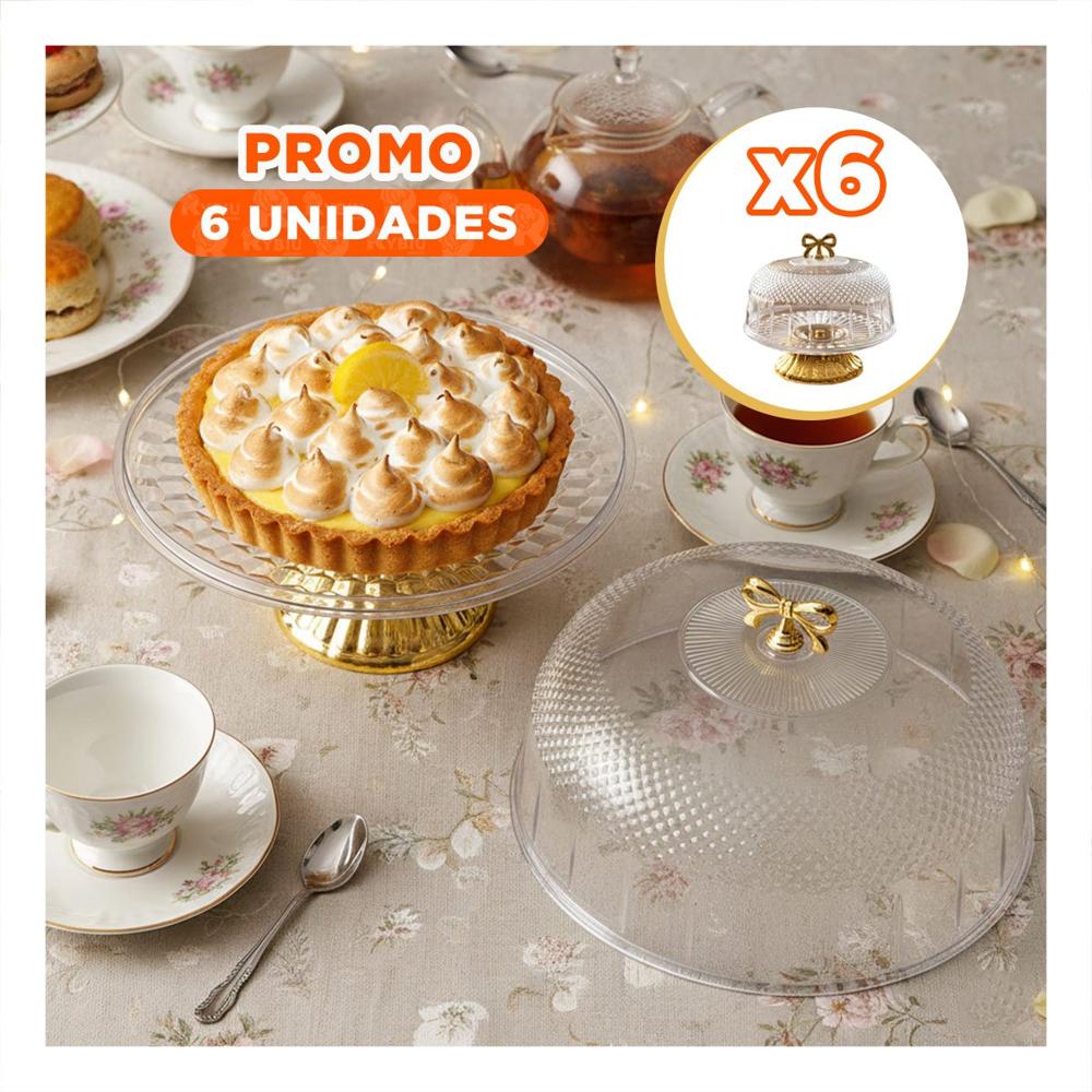 Pack6 Contenedor Transparente con Cupula y Lazo Dorado 30x24.5cm Para Cocina