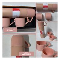 Recipiente termico individual con 2 tasas rosado practico para hogar oficina YLigas Regalo