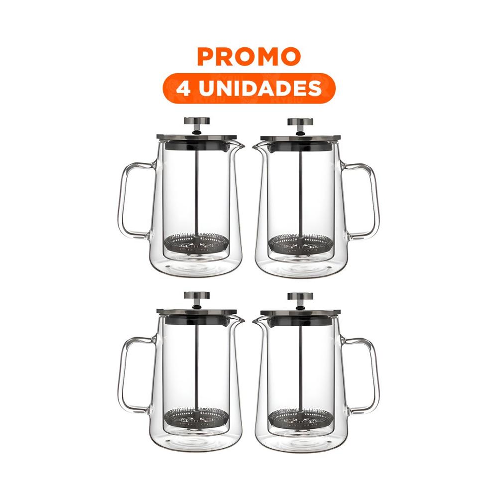 Pack4 Infusor 350ML de Color Transparente para Cafe en Borosilicato y Acero