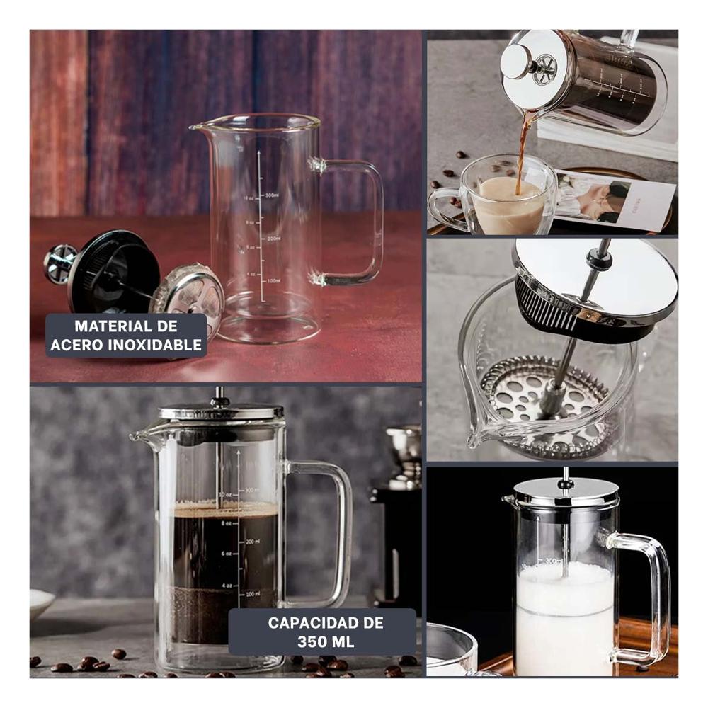 Prensa Francesa Recto Color Transparente 350ML Fabricada en Borosilicato y Acero Y Ligas Regalo