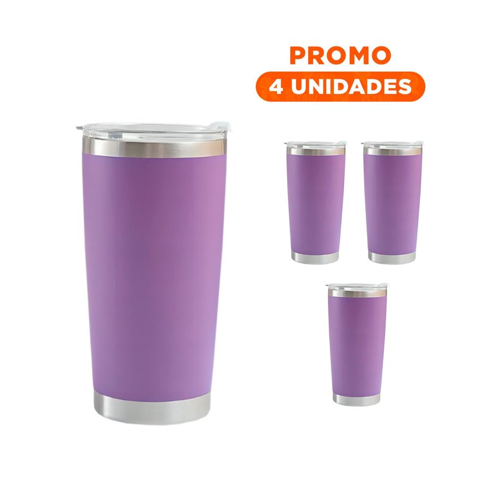 Pack4 Termo 600ML de Acero Inoxidable Morado con Tapa y Asa para Cafe o Te