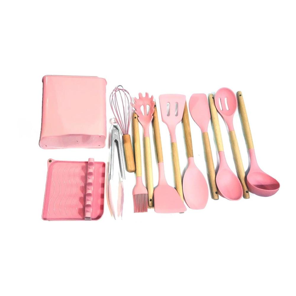 Cucharones Set de 11 en Silicona de Color Rosado con Soporte Posa Cucharon YRegalo Sticker