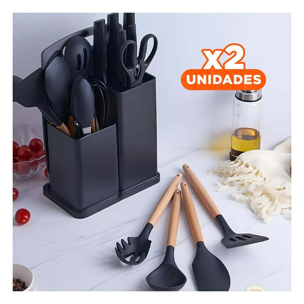 Pack2 Utensilios 18 Piezas Negro para Cocina con Tabla Inoxidable YPapel Regalo