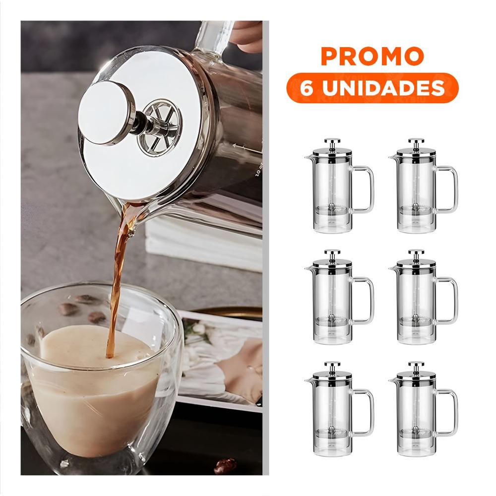 Pack6 Cafetera 350ML de Borosilicato y Acero con Acabado Recto Transparente Y Regalo Sticker