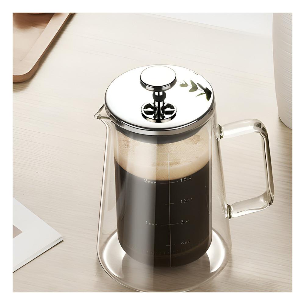 Prensa 350ML en Borosilicato con Detalles en Acero de Color Transparente Y notas