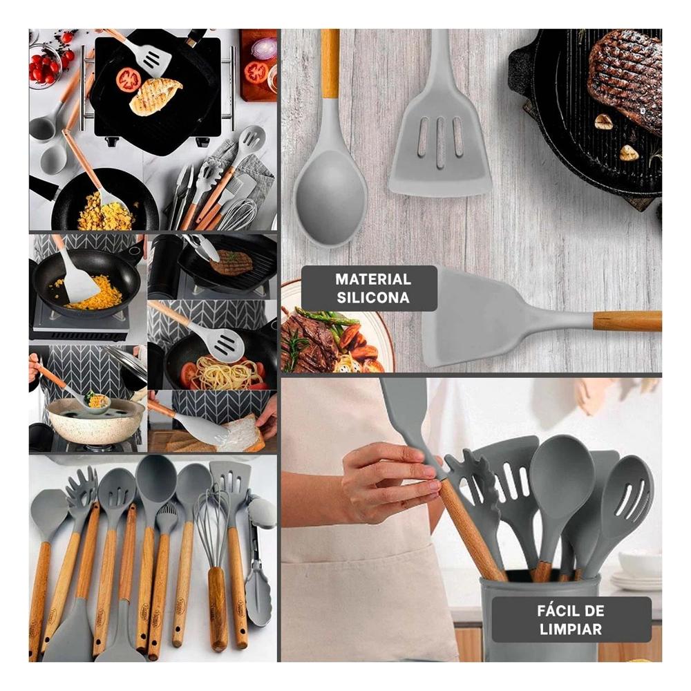 Set de Utensilios Color Gris en Silicona con 12 Piezas para Cocina Familiar YLigas Regalo